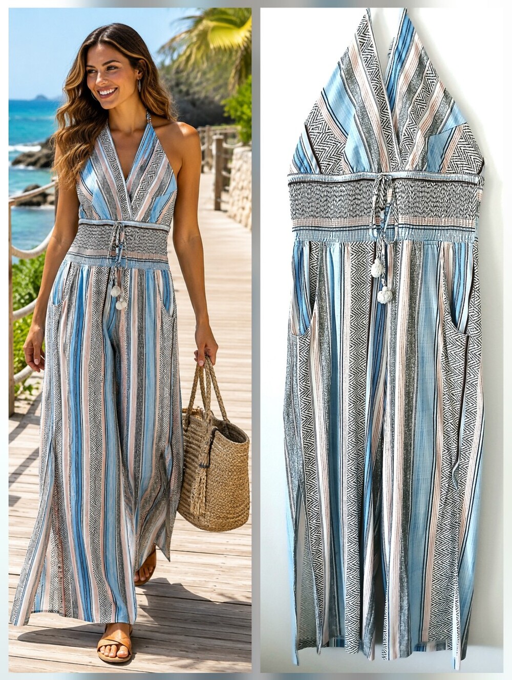 Venus BOHO Striped Tie Halter Top Jumpsuit Side Slits Wide Leg Women's Size L